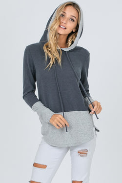 Charcoal and light gray color block comfy long sleeve hoodie.  Priced at $35.00.
