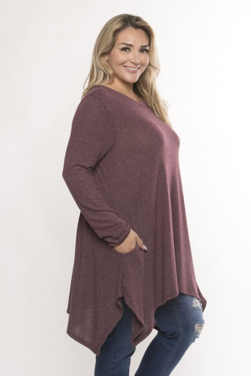 Brushed Knit Handkerchief Hem Long Sleeve Top with Pockets