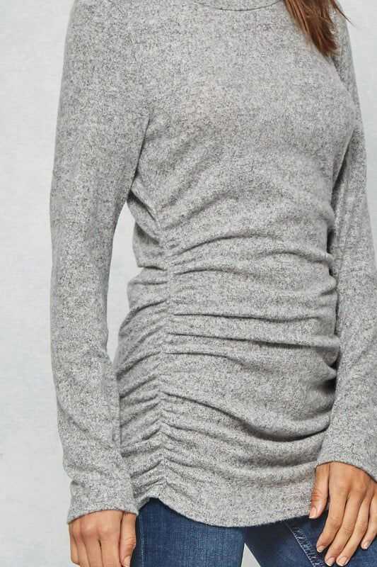 Brushed Knit Long Sleeve Top with Rouched Sides