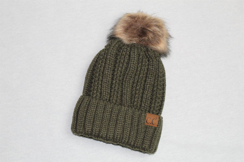 C.C Vertical Knit Hat with Fur Pom